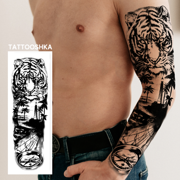 Временное водостойкое тату рукав TATTOOSHKA "Величественный тигр" TQB-213-2 - изображение 4
