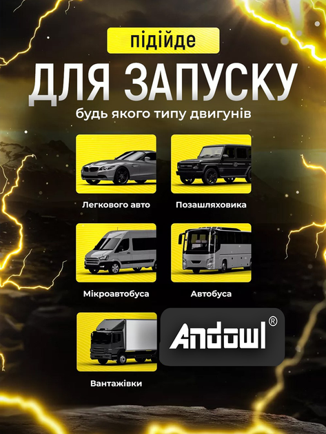 Автомобильное пускозарядное устройство 20000 mAh Andowl Q-D1020X1 Jump starter пзу многофункциональный джамп стартер для запуска авто акб с led фонариком и компасом - изображение 3