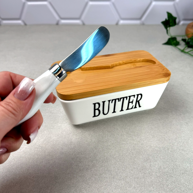 Белая фарфоровая маслёнка с ножом Butter - Фото 5 Белая фарфоровая маслёнка с ножом Butter - изображение 5