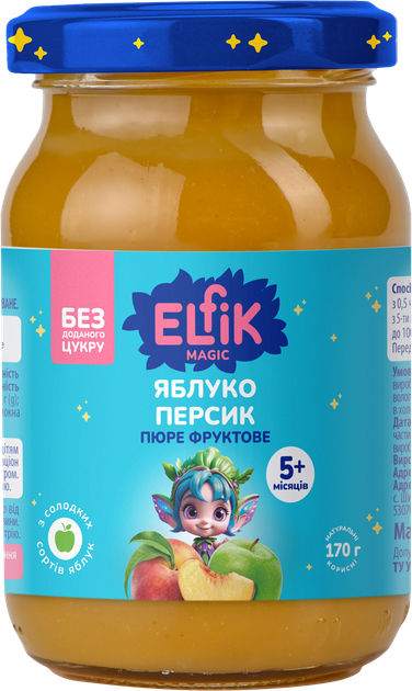 Упаковка дитячого пюре Elfik Magic з яблук та персиків без цукру 170 г х 6 шт (4820134723554) - зображення 2