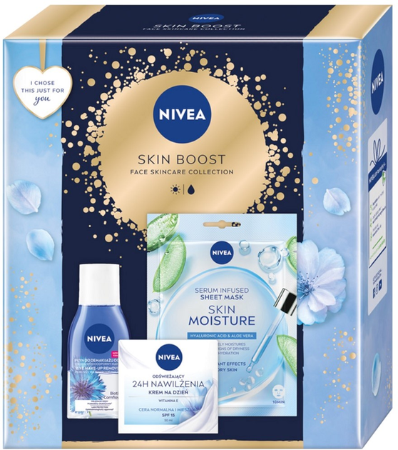 Zestaw do pielęgnacji twarzy Nivea Skin Boost Maska nawilżająca w płachcie + Krem na dzień 50 ml + Płyn do demakijażu 125 ml (9005800382982) - obraz 1