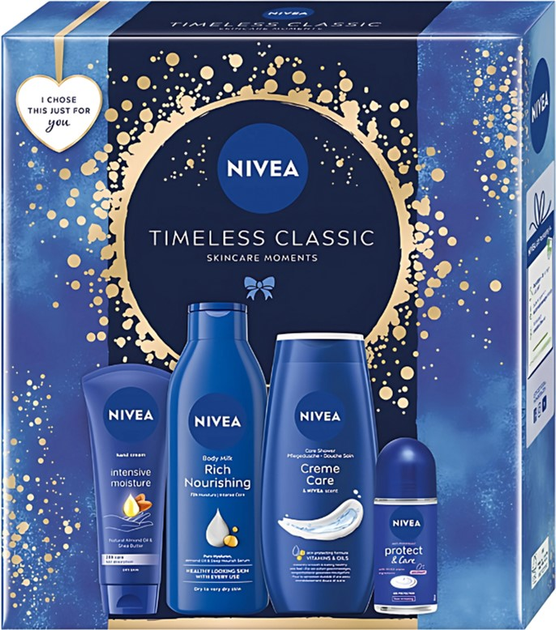 Zestaw kosmetyków do pielęgnacji ciała Nivea Timeless Classic Krem do rąk 100 ml + Żel pod Prysznic 250 ml + Antyperspirant roll-on 50 ml + Mleczko do ciała 250 ml (9005800382432) - obraz 1