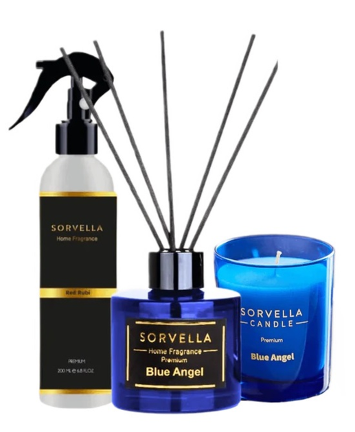 Подарунковий набір Sorvella Perfume Blue Angel Ароматичний дифузор 120 мл + Ароматизатор для приміщень 200 мл + Ароматична свічка 170 г (5905489912583) - зображення 1