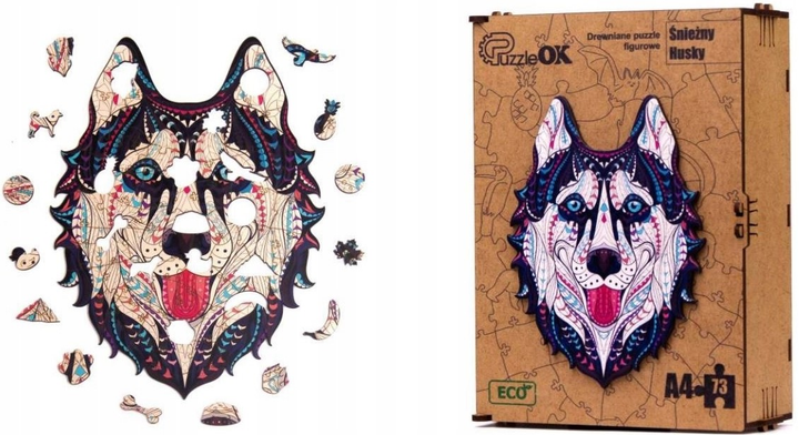 Puzzle drewniane PuzzleOK Śnieżny husky 21 x 29.7 cm 73 elementy (4821993007144) - obraz 3