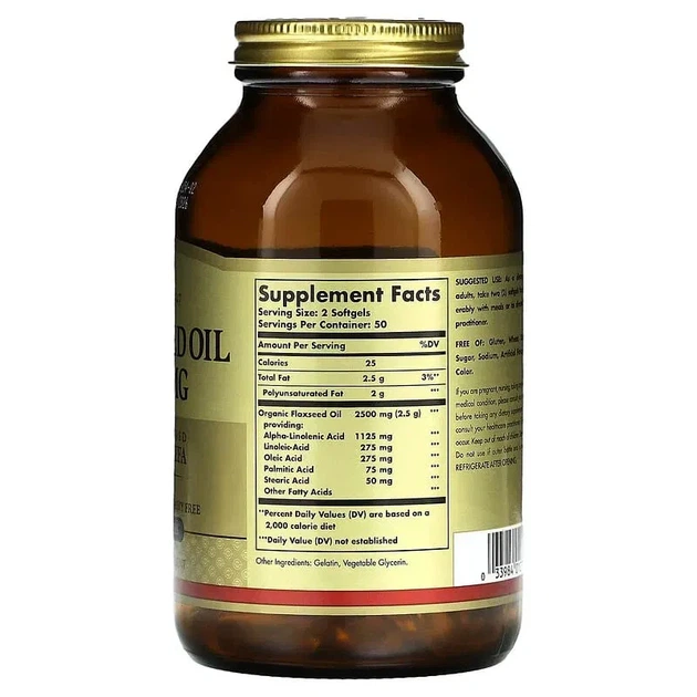 Льняное масло Solgar (Flaxseed Oil) 1250 мг 100 гелевых капсул - изображение 2