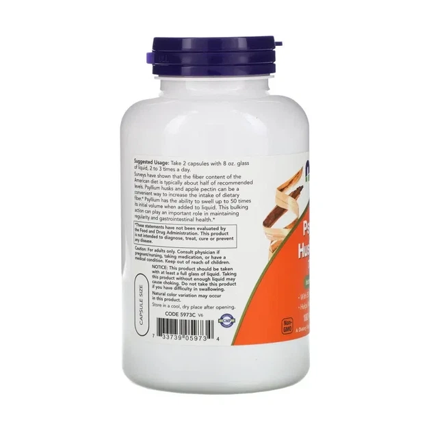 Псиллиум Psyllium Huck Caps, Now Foods, шелуха семян подорожника, 700 мг, 180 капсул - изображение 3