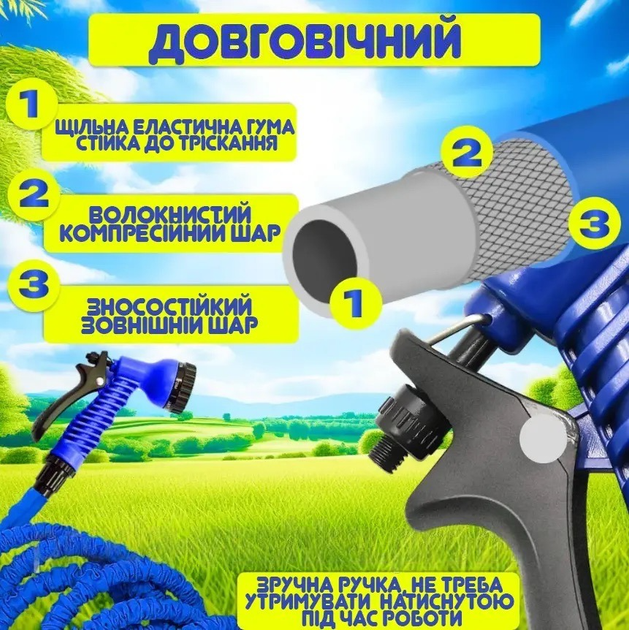 Растягивающийся поливочный садовый шланг увеличивающийся гибкий для полива сада и огорода с распылителем 15м - Фото 2 Растягивающийся поливочный садовый шланг увеличивающийся гибкий для полива сада и огорода с распылителем 15м - изображение 2