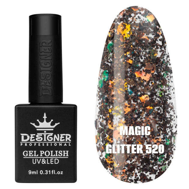 Гель-лак для ногтей Дизайнер Magic Glitter №520 черный с медным глиттером 9 мл - Фото 1 Гель-лак для ногтей Дизайнер Magic Glitter №520 черный с медным глиттером 9 мл - изображение 1