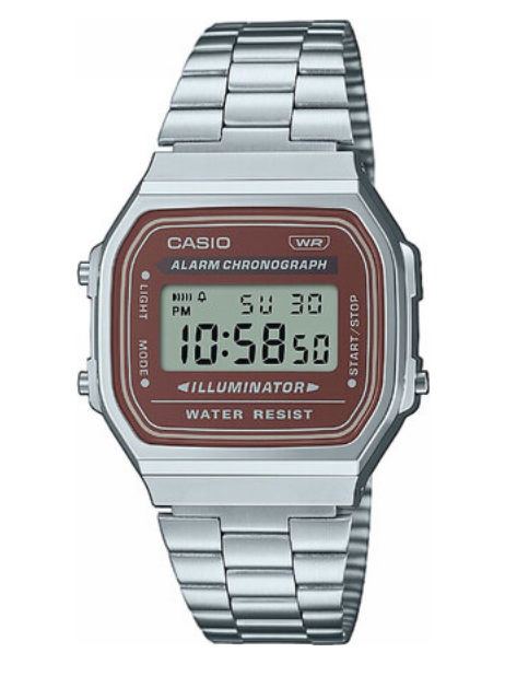 Чоловічий наручний годинник CASIO A168WA-5AYES в сріблястому кольорі з коричневим екраном. - зображення 4