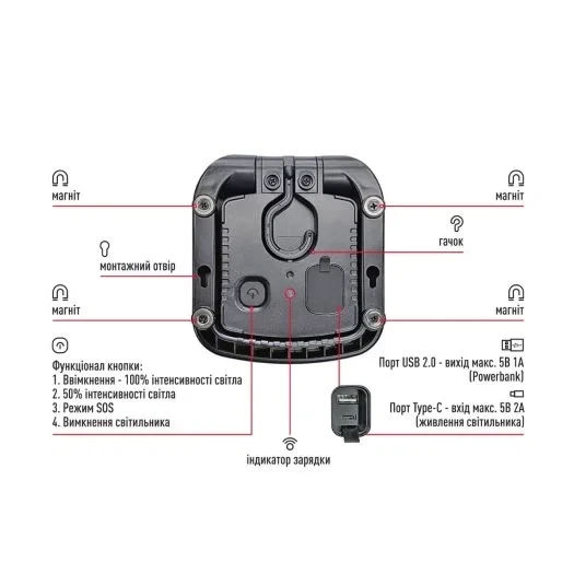Світильник світлодіодний MAX-8W-RED-EM MAXUS Portable Emergency LED Light 8W 4100K IP65 5000mAh RED - зображення 2