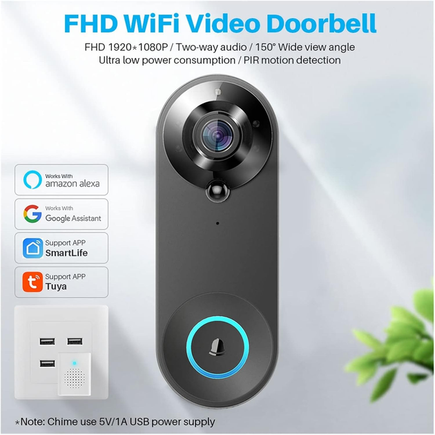 WiFI відеодомофон VHG N8 Tuya Version, Video Doorbell Black - Фото 3 WiFI відеодомофон VHG N8 Tuya Version, Video Doorbell Black - зображення 3
