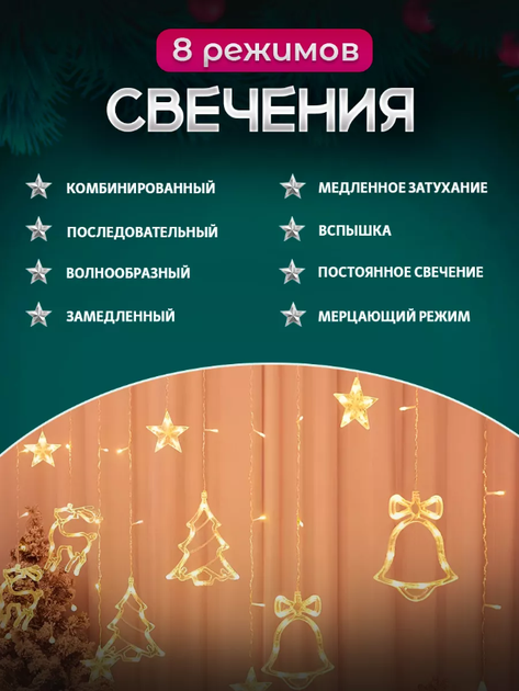 Новогодняя светодиодная гирлянда штора с формами Колокольчик Елка Олень 2.5м с пультом Теплый Белый - изображение 3
