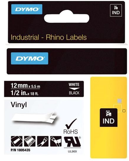 Taśma etykietowa Dymo D1 Standard Vinyl 12 mm x 5.5 m White/Black (1805435) - obraz 1