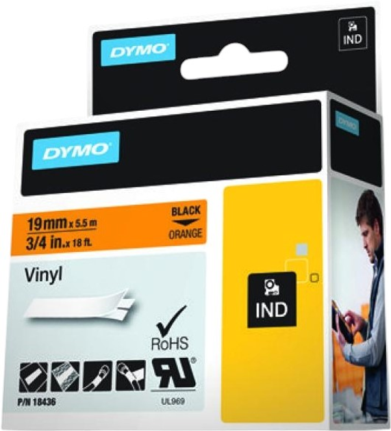 Стрічка для етикеток Dymo Rhino Vinyl 19 мм x 5.5 м Black/Orange (71701184368) - зображення 2