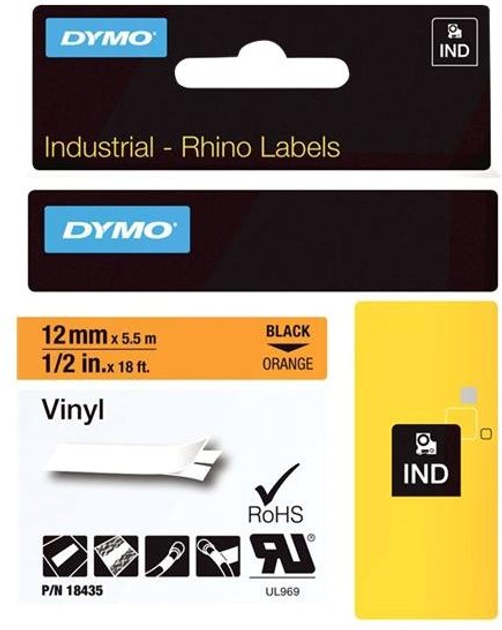 Стрічка для етикеток Dymo Rhino Vinyl 12 мм x 5.5 м Black/Orange (71701184351) - зображення 1