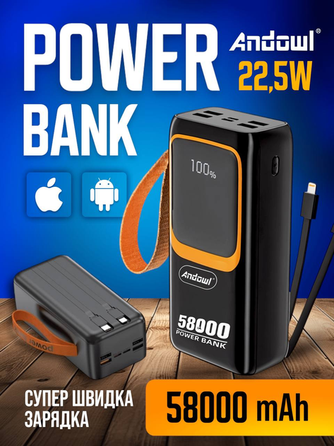 Повербанк умб 50000 mah 22.5w с быстрой зарядкой pd и встроенными кабелями type c lightning Andowl power bank Q-TD88 павербанк для телефона планшета айпада устройств powerbank внешний портативный аккумулятор повербанки большой емкости черный - изображение 2