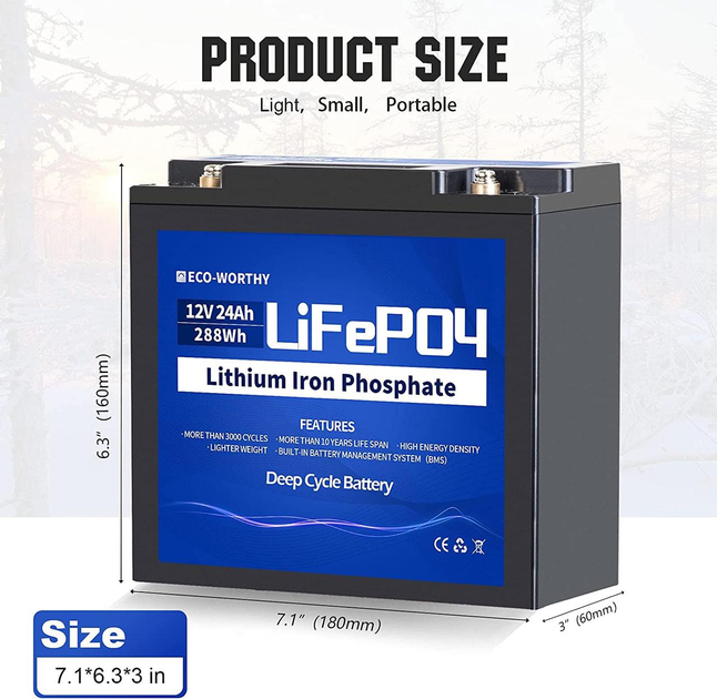 Аккумулятор Eco Worthy LiFePO4 12V 24Ah (288Wh) на 3000+ жизненных циклов - изображение 4