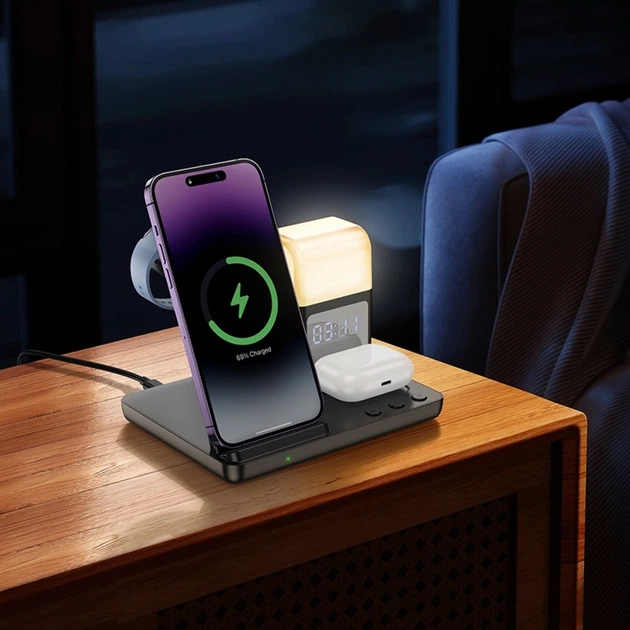Беспроводная зарядка Qi Hoco Crown 3 в 1 night light wireless fast charger with clock 9 - изображение 2