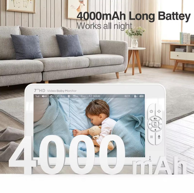 Видеоняня Baby Monitor SM-70PTZ с 7-дюймовым ЖК-монитором, аккумулятор 4000 mah(24 часа работы), обзор 355 град, датчиком звука, ночное видение, поворотная радионяня и измерением температуры - изображение 2