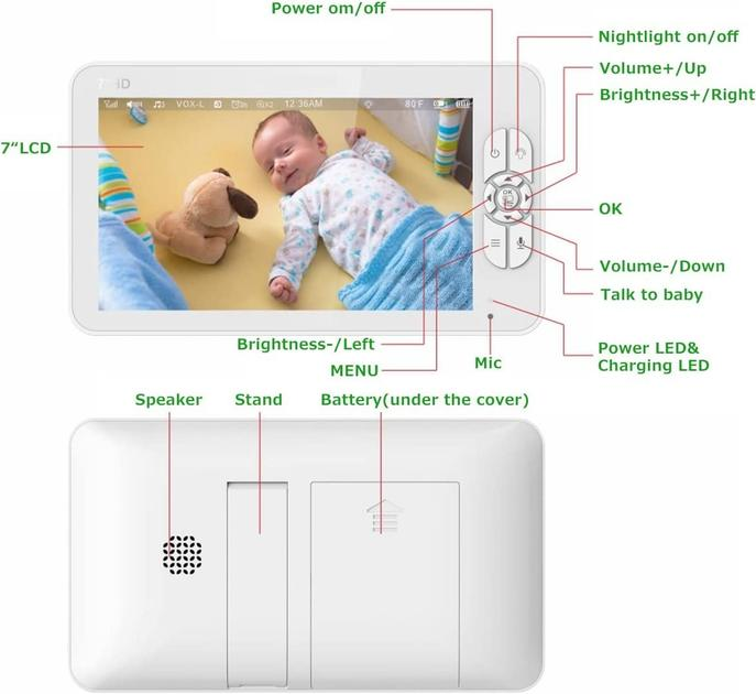 Видеоняня Baby Monitor SM-70PTZ с 7-дюймовым ЖК-монитором, аккумулятор 4000 mah(24 часа работы), обзор 355 град, датчиком звука, ночное видение, поворотная радионяня и измерением температуры - изображение 8