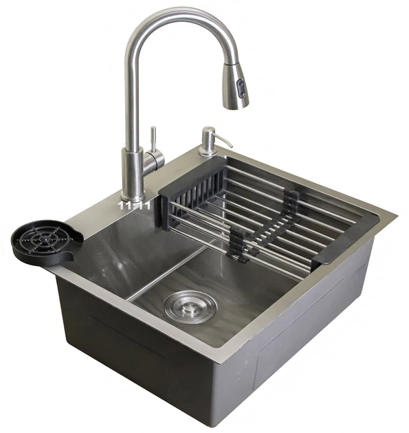 Мойка из нержавеющей стали AQUAMILL 6050 + смеситель с выдвижной лейкой + дозатор + решетка + ринзер - изображение 5