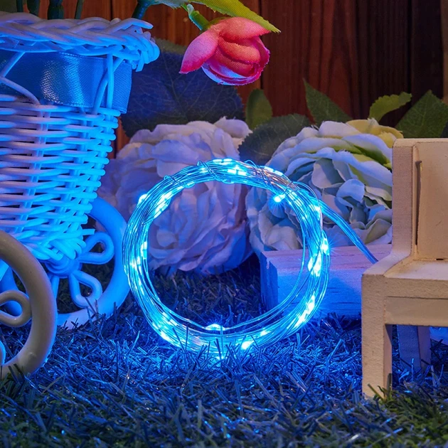 Светодиодная гирлянда нить "Роса Люкс" 10м с пультом, от USB и сети 220V, 100 LED, 8 режимов, IP65, Синий - изображение 4