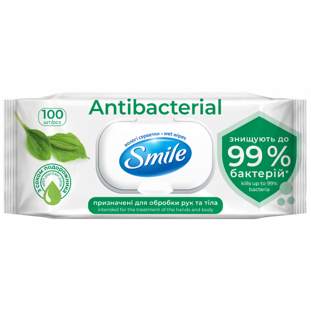 Влажные салфетки Smile Antibacterial с соком подорожника 100 шт (4823071656466) - Фото 1 Влажные салфетки Smile Antibacterial с соком подорожника 100 шт (4823071656466) - изображение 1