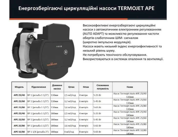 Циркуляційний енергозберігаючий насос Termojet APE 25/80 130 мм (APE 25-80x130) - зображення 2