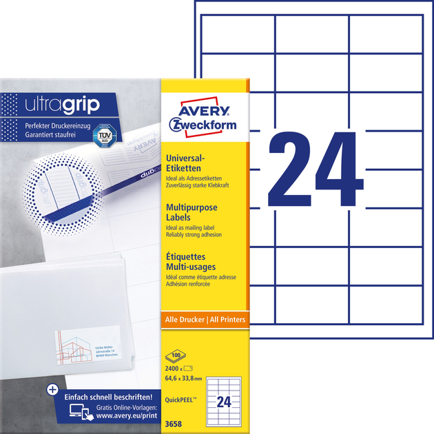 Etykiety Avery Zweckform UltraGrip 64.6 x 33.8 mm A4 100 arkuszy (4004182036587) - obraz 1