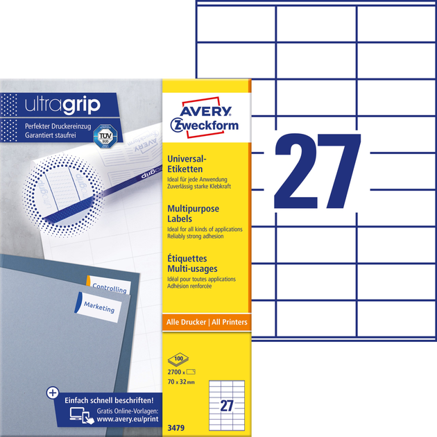 Етикетки Avery Zweckform UltraGrip 70 x 32 мм A4 100 аркушів (4004182034798) - зображення 1