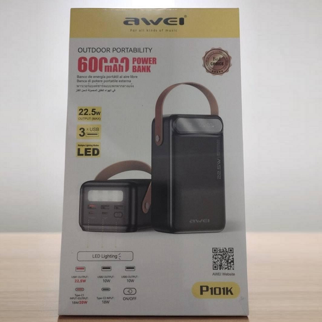 Повербанк для телефона умб Power Bank Awei P101K павербанк с быстрой зарядкой и фонариком 60000 мач универсальная мобильная батарея для планшета и фитнес часов внешняя батарея Черный - изображение 7