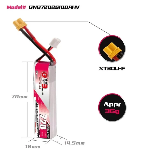 Аккумулятор GAONENG GNB 2S 7.6V 720mAh 100C LiHV XT30 – мощная 2S батарея для FPV дрона - изображение 6