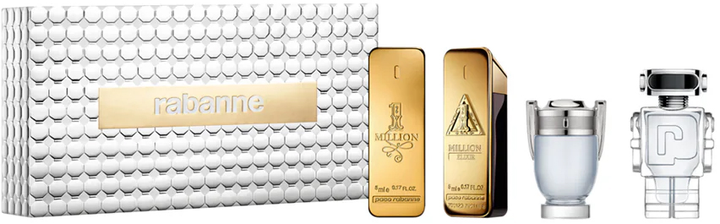 Набір мініатюр для чоловіків Paco Rabanne Туалетна вода One Million 5 мл + Парфумована вода One Million Elixir Intense 5 мл + Туалетна вода Invictus 5 мл + Туалетна вода Phantom 5 мл (3349668630820) - зображення 1