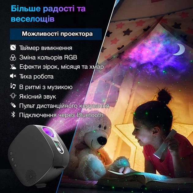 Проектор ночник звездного неба с луной и галактикой, с пультом и встроенной bluetooth колонкой Evio Aurora (Черный) - изображение 4