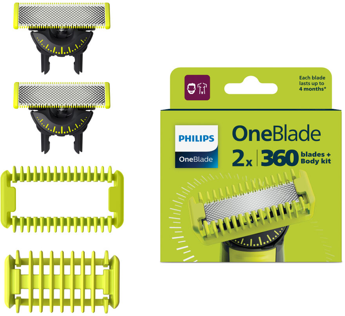 Набір Philips OneBlade Електростанок QP1324/20 для надчутливої шкіри + Змінні леза 360 QP624/50 з насадками для тіла 2 шт (8720689021180/8720689031875) - зображення 3