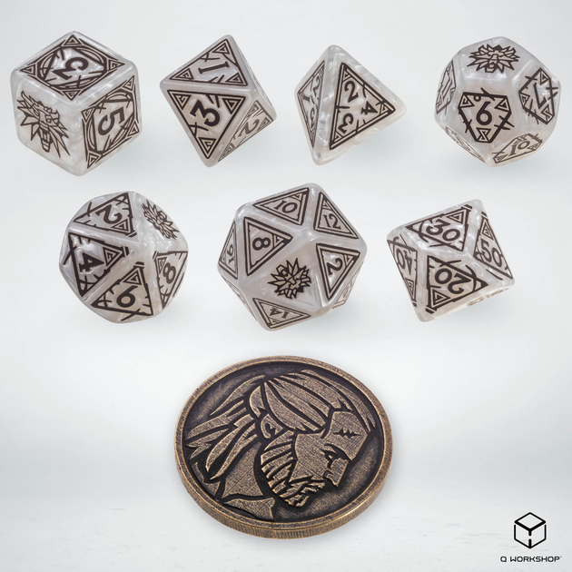 Набір кісток Q-Workshop The Witcher Dice Kit Геральт Білий Вовк 7 деталей Перламутрово-білі (5907699496105) - зображення 3