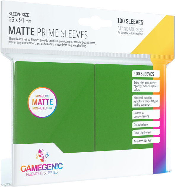 Набір кишень для карт Gamegenic Matte Prime CCG Sleeves 6.6 x 9.1 см 100 шт Зелені (4251715402450) - зображення 1