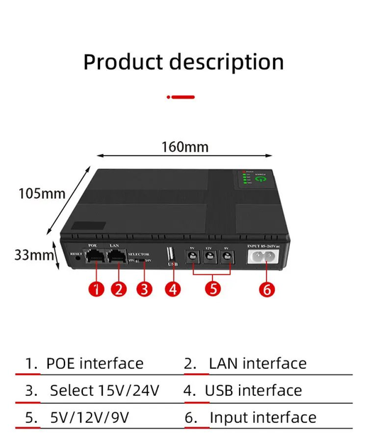 ИБП/UPS для роутера DC1018P, 5V/9V/12V, POE 15/24V, 8800mAh, 18W, LED, AC220V, Black, Box - изображение 3