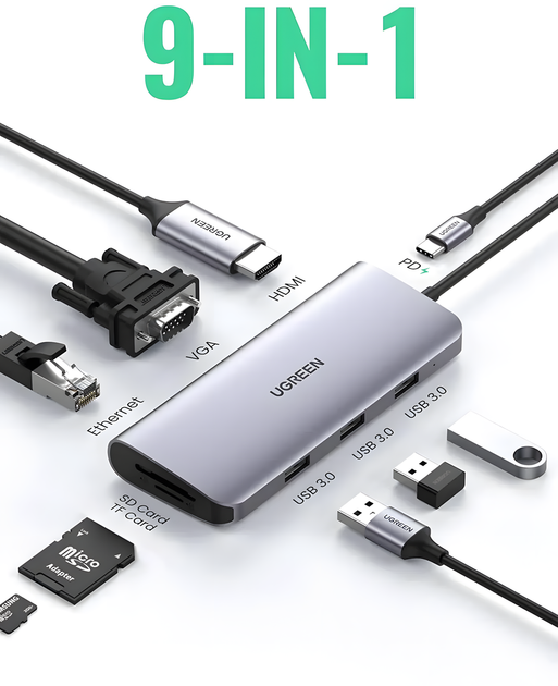 USB Хаб концентратор Ugreen 9 в 1 HDMI VGA RJ45 SD TF USB 3.0 PD 100 W док-станція - зображення 2