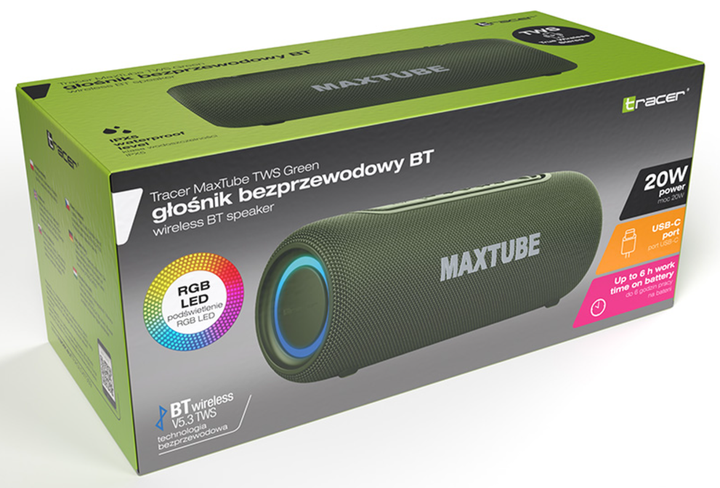 Портативна колонка Tracer MaxTube TWS Green 20W (TRAGLO47359) - зображення 6