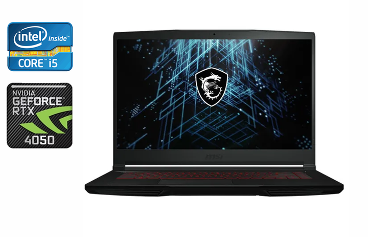 Ігровий ноутбук MSI Thin GF63 / 15.6" (1920x1080) IPS / Intel Core i5-12450H (8 (12) ядер по 3.3 - 4.4 GHz) / 8 GB DDR4 / 512 GB SSD / nVidia GeForce RTX 4050, 6 GB GDDR6, 96-bit / WebCam / Windows 10 б/у - Фото 1 Ігровий ноутбук MSI Thin GF63 / 15.6" (1920x1080) IPS / Intel Core i5-12450H (8 (12) ядер по 3.3 - 4.4 GHz) / 8 GB DDR4 / 512 GB SSD / nVidia GeForce RTX 4050, 6 GB GDDR6, 96-bit / WebCam / Windows 10 б/у - зображення 1