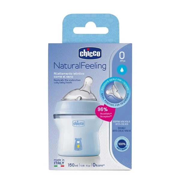 Пляшечка для годування пластикова 150 мл блакитна Chicco Natural Feeling Color 0m+ (8058664153626) - Фото 6 Пляшечка для годування пластикова 150 мл блакитна Chicco Natural Feeling Color 0m+ (8058664153626) - изображение 6