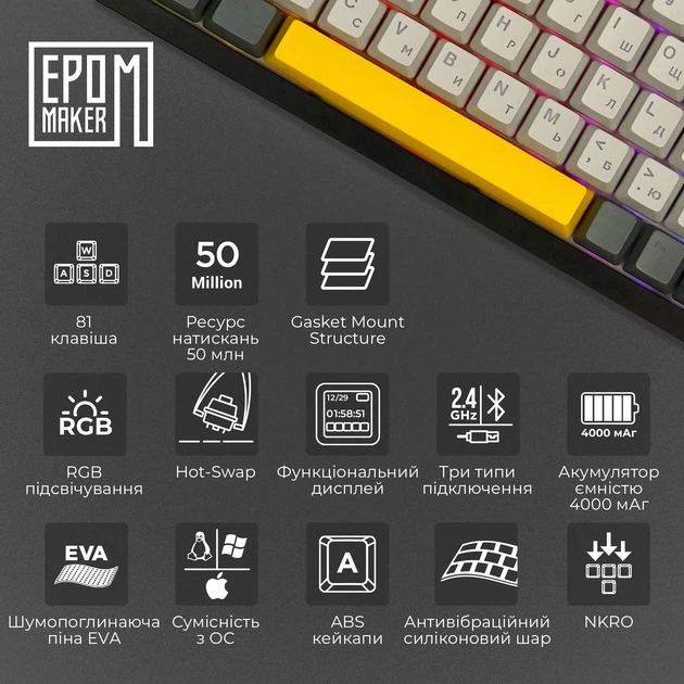 Клавіатура механічна бездротова EPOMAKER Ajazz AK820 Pro 75% Gift Switch Hot-Swap RGB UA Wireless/Bluetooth/USB Black (AK820-PRO-B-G) - Фото 13 Клавіатура механічна бездротова EPOMAKER Ajazz AK820 Pro 75% Gift Switch Hot-Swap RGB UA Wireless/Bluetooth/USB Black (AK820-PRO-B-G) - зображення 13