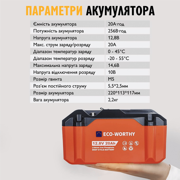 Аккумуляторная батарея ECO-WORTHY LiFePO4 12V 20Ah (256Wh), 4000+ циклов - изображение 8