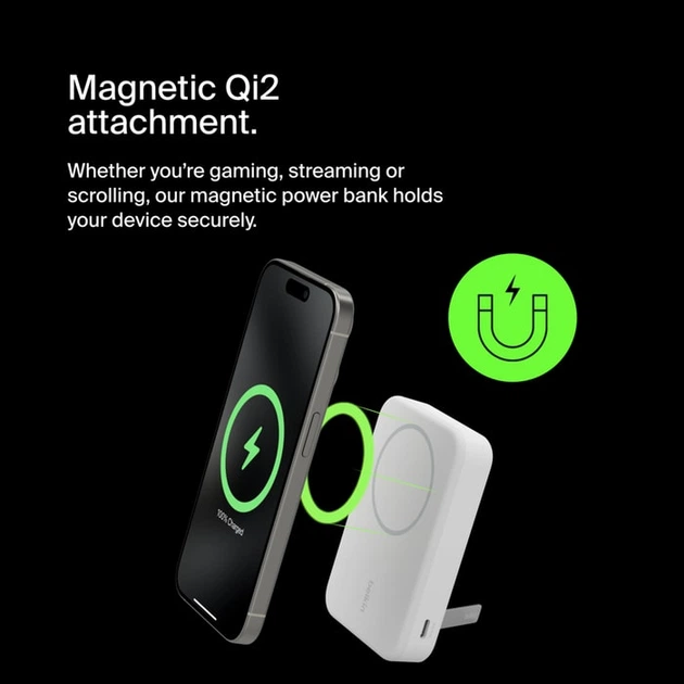 Акумулятор портативний літій-іонний Power Bank Belkin BPD007BTWH 8000мА·год, 15Вт, MagSafe Qi2, білий - зображення 5