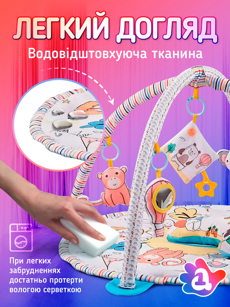 Розвиваючий термокилимок для дітей малюка термо килимок для дитини новонароджених від 3 місяців немовляти A1 з дугами ігровий м'який на підлогу дитячі розвиваючі ігрові килимки (BabyMat-1M) - зображення 5