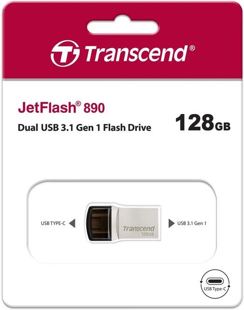 Флеш память USB Transcend JetFlash 890 128GB USB 3.1 Gen1 + Type-C Silver (TS128GJF890S) - изображение 5