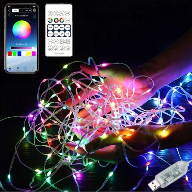 Светодиодная гирлянда RGB IC 5 м, разноцветная от USB с пультом и управлением с телефона IP68 - изображение 2