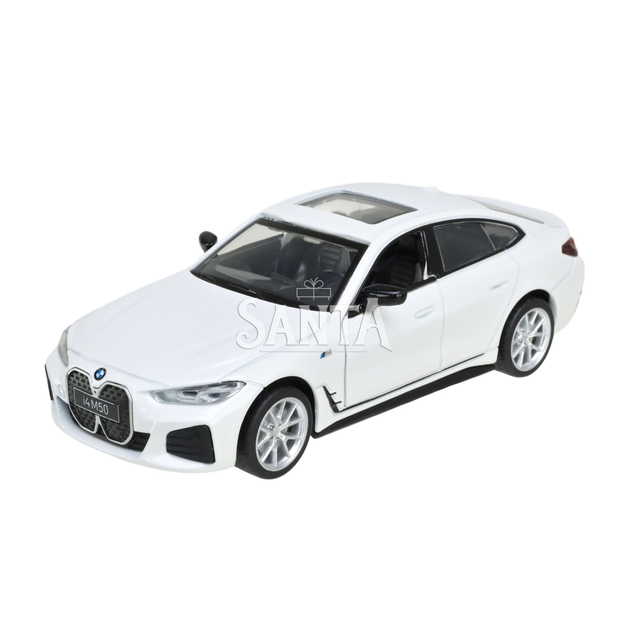 Машинка металлическая электро 1:34 BMW I4 M50 БМВ белая свет звук откр двери 14*5,5*4см (68714) - изображение 2