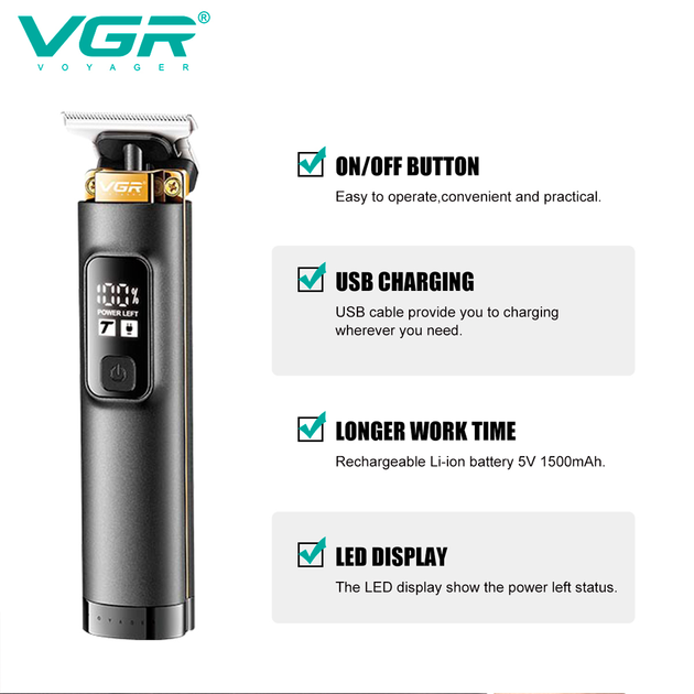 Триммер аккумуляторный VGR V-985, 4 насадки, LED дисплей - изображение 3